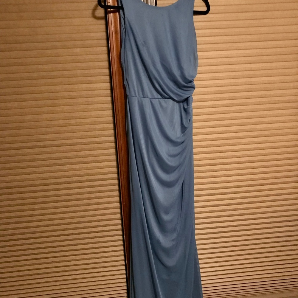 David's Bridal Steel Blue High-Neck Mesh Dress